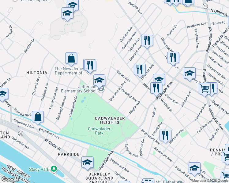 map of restaurants, bars, coffee shops, grocery stores, and more near 58 Beechwood Avenue in Trenton