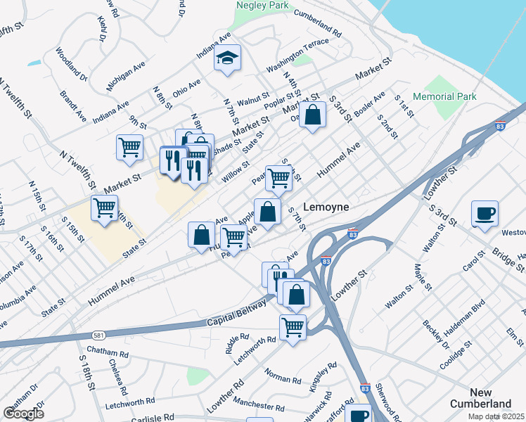 map of restaurants, bars, coffee shops, grocery stores, and more near 746 South 8th Street in Lemoyne