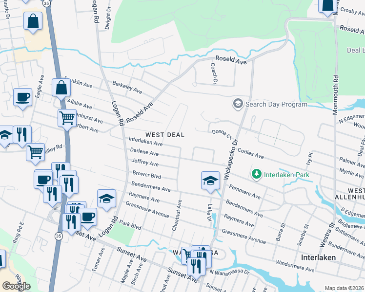 map of restaurants, bars, coffee shops, grocery stores, and more near 15 Judith Court in Wanamassa