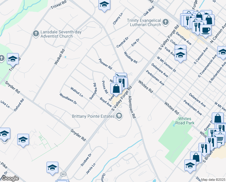 map of restaurants, bars, coffee shops, grocery stores, and more near 824 Swartley Road in Lansdale