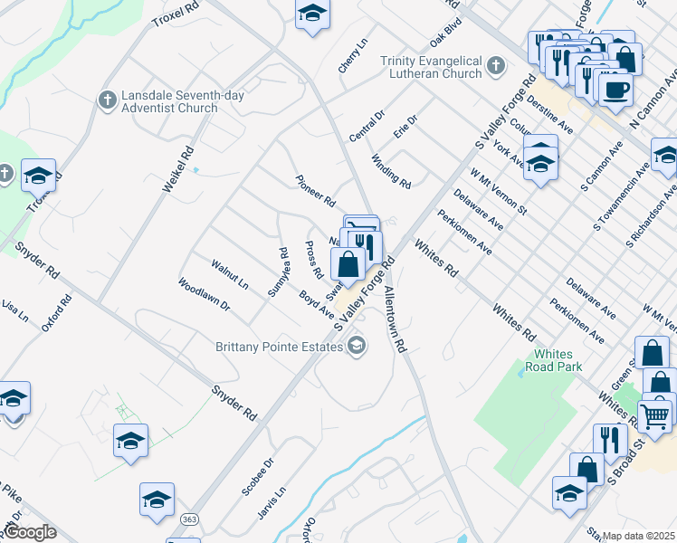 map of restaurants, bars, coffee shops, grocery stores, and more near 824 Swartley Road in Lansdale