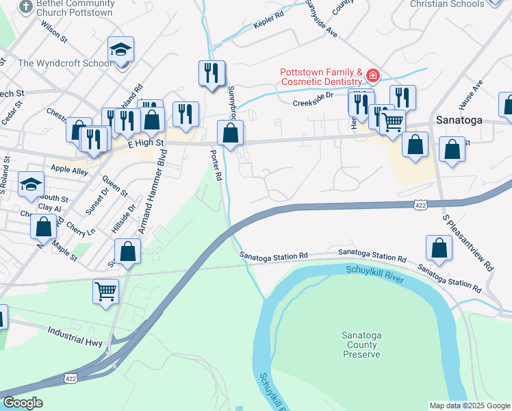 map of restaurants, bars, coffee shops, grocery stores, and more near 1615 Rosewood Court in Pottstown