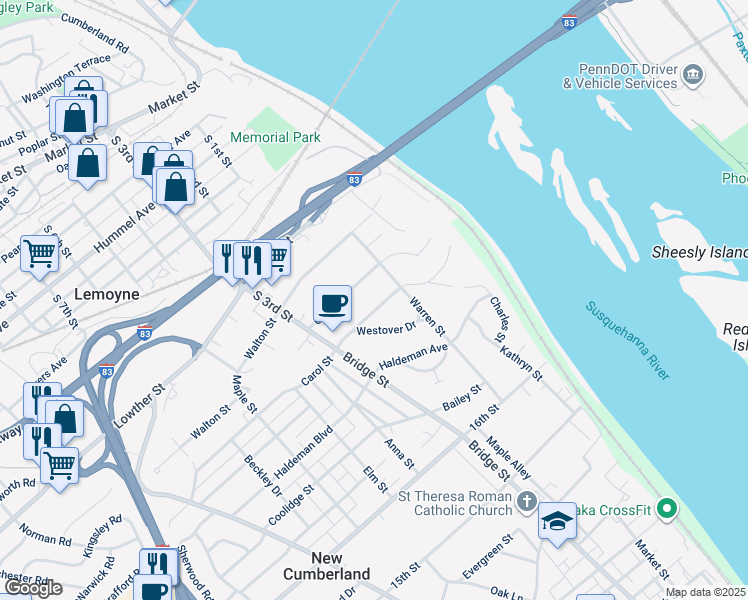 map of restaurants, bars, coffee shops, grocery stores, and more near 125 Carol Street in New Cumberland
