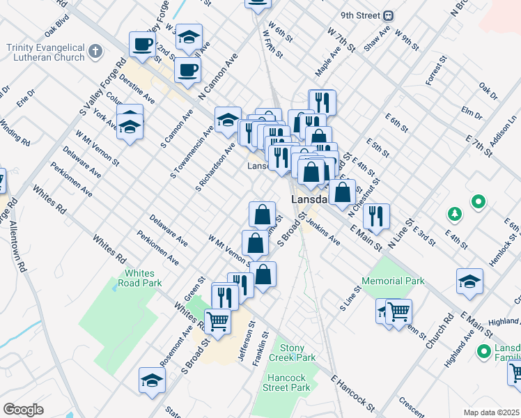 map of restaurants, bars, coffee shops, grocery stores, and more near 109 Green Street in Lansdale