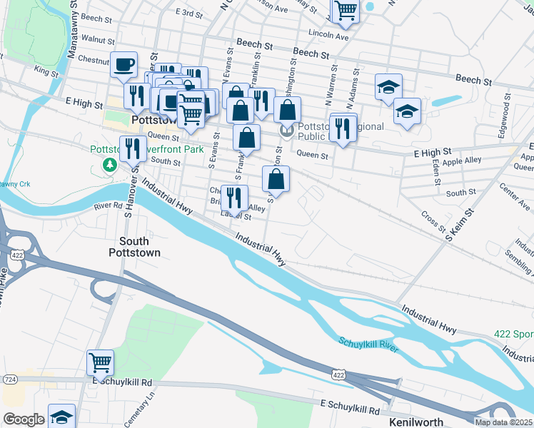 map of restaurants, bars, coffee shops, grocery stores, and more near 177 South Washington Street in Pottstown