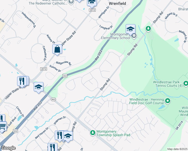 map of restaurants, bars, coffee shops, grocery stores, and more near 136 Blue Ribbon Drive in North Wales