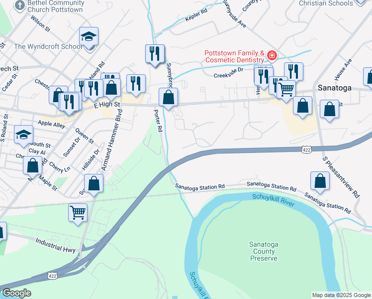 map of restaurants, bars, coffee shops, grocery stores, and more near 1618 Rosewood Court in Pottstown
