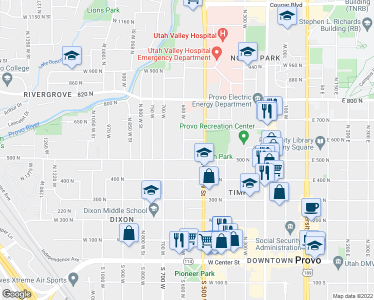 map of restaurants, bars, coffee shops, grocery stores, and more near 542 600 West in Provo