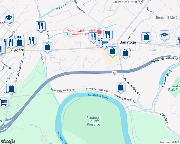 map of restaurants, bars, coffee shops, grocery stores, and more near in Pottstown