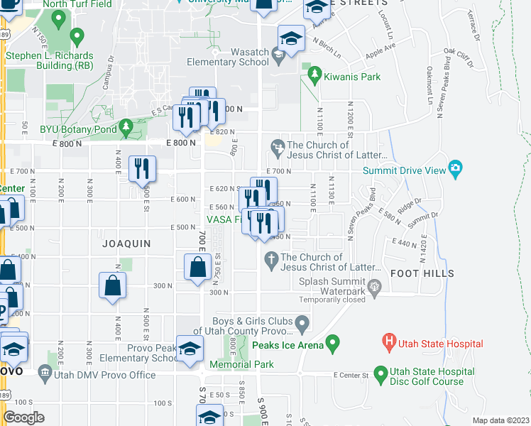 map of restaurants, bars, coffee shops, grocery stores, and more near 520 North 900 East in Provo