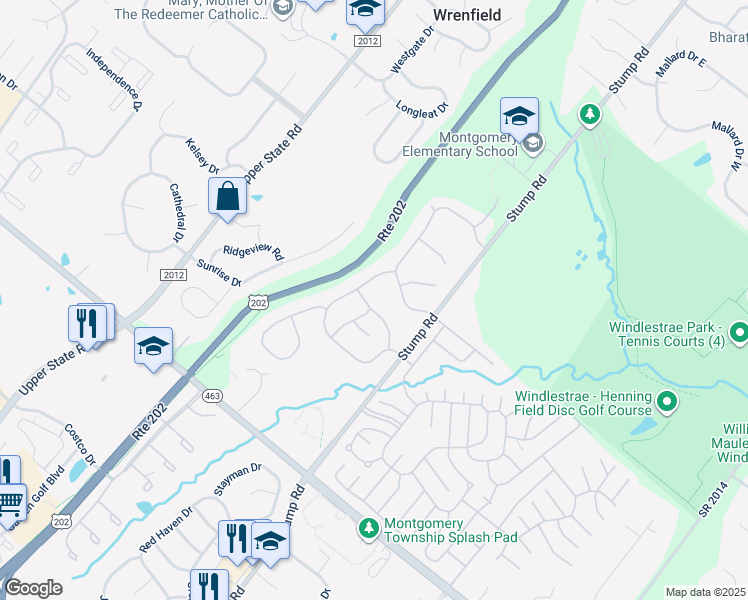 map of restaurants, bars, coffee shops, grocery stores, and more near 136 Blue Ribbon Drive in North Wales