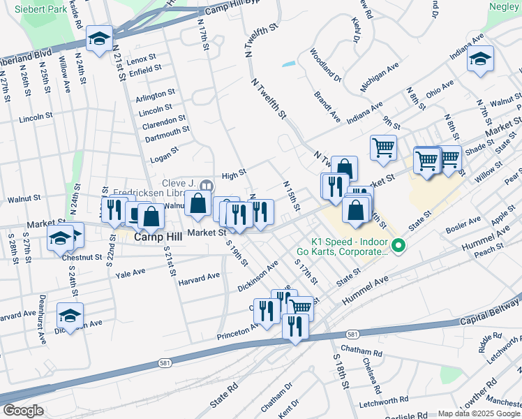 map of restaurants, bars, coffee shops, grocery stores, and more near 29 North 17th Street in Camp Hill