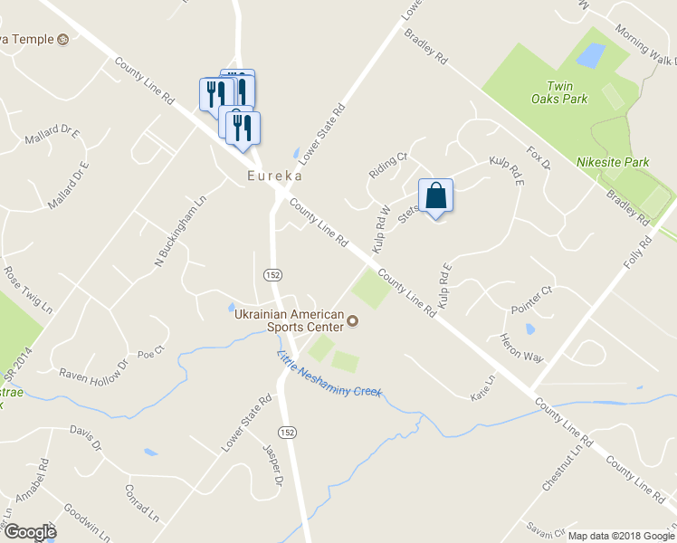 map of restaurants, bars, coffee shops, grocery stores, and more near 1968 County Line Road in North Wales