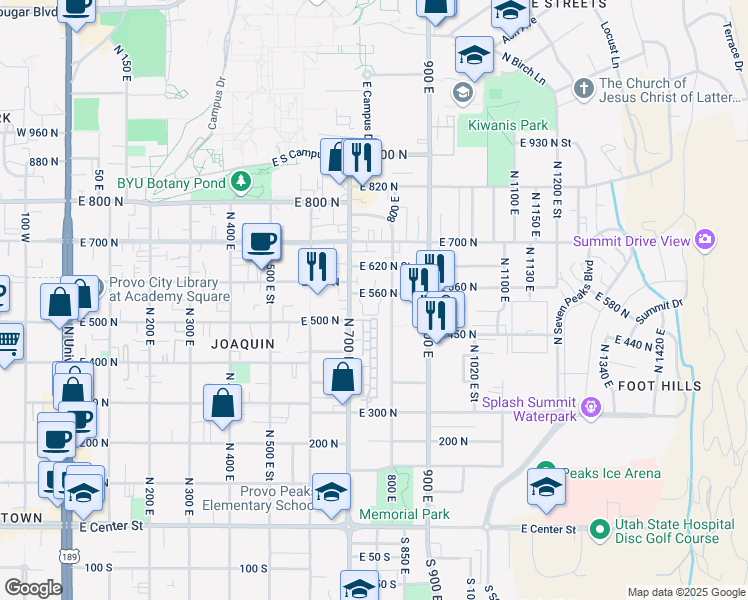 map of restaurants, bars, coffee shops, grocery stores, and more near 511 800 East in Provo