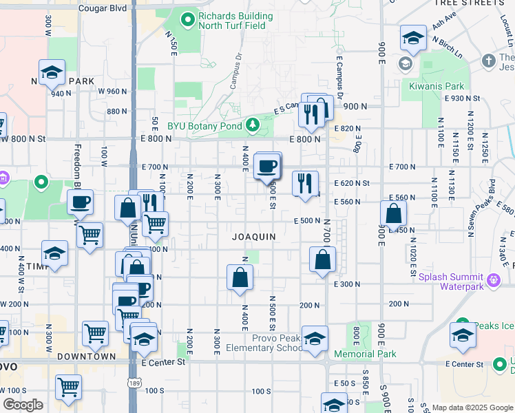 map of restaurants, bars, coffee shops, grocery stores, and more near 441 East 500 North in Provo