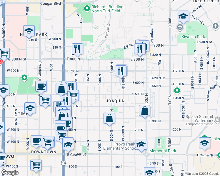 map of restaurants, bars, coffee shops, grocery stores, and more near 355 East 500 North in Provo