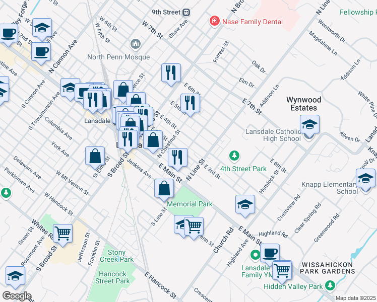 map of restaurants, bars, coffee shops, grocery stores, and more near 204 East 3rd Street in Lansdale