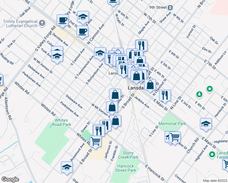 map of restaurants, bars, coffee shops, grocery stores, and more near 109 Green Street in Lansdale