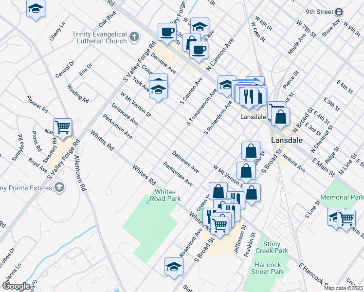 map of restaurants, bars, coffee shops, grocery stores, and more near 420 West Mount Vernon Street in Lansdale