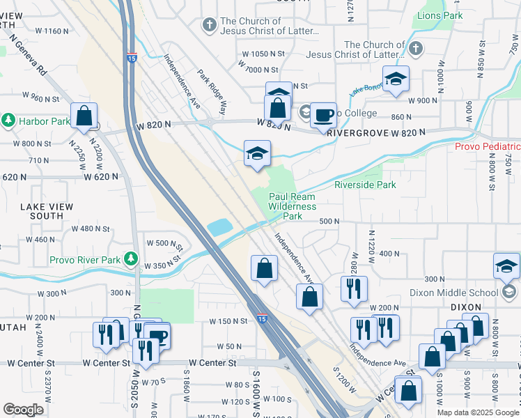 map of restaurants, bars, coffee shops, grocery stores, and more near 636 Independence Avenue in Provo