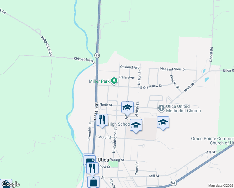 map of restaurants, bars, coffee shops, grocery stores, and more near 207 North Street in Utica