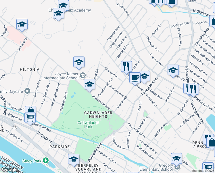 map of restaurants, bars, coffee shops, grocery stores, and more near 88 Beechwood Avenue in Trenton