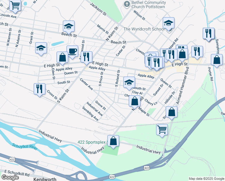 map of restaurants, bars, coffee shops, grocery stores, and more near 1151 Cherry Street in Pottstown