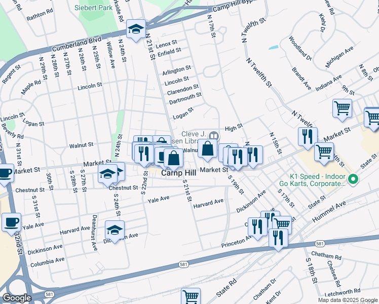 map of restaurants, bars, coffee shops, grocery stores, and more near 28 North 20th Street in Camp Hill