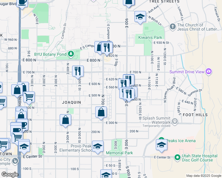 map of restaurants, bars, coffee shops, grocery stores, and more near 511 800 East in Provo