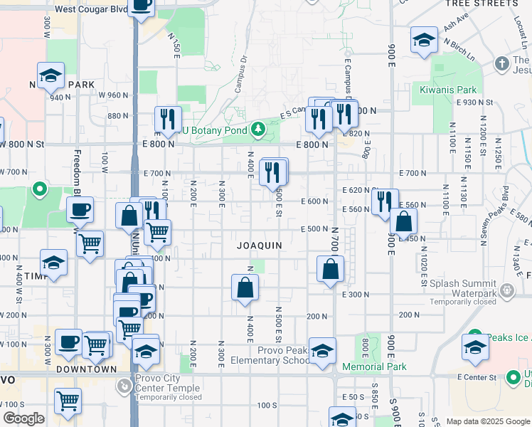 map of restaurants, bars, coffee shops, grocery stores, and more near 556 North 400 East in Provo
