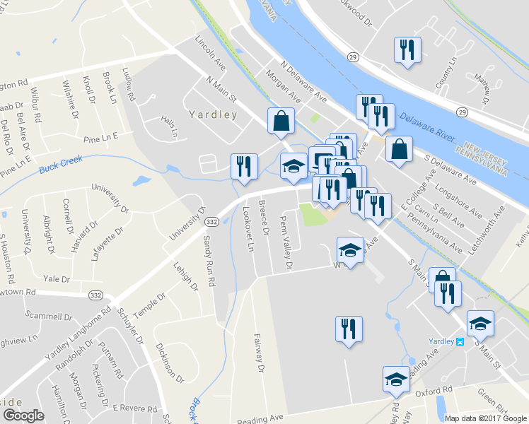 map of restaurants, bars, coffee shops, grocery stores, and more near 16 Breece Drive in Yardley