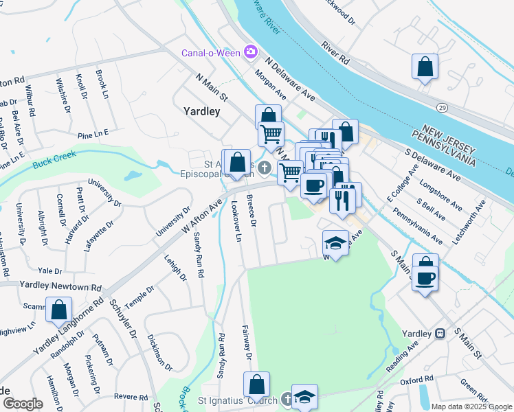 map of restaurants, bars, coffee shops, grocery stores, and more near 16 Breece Drive in Yardley