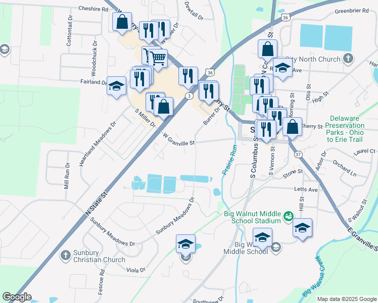 map of restaurants, bars, coffee shops, grocery stores, and more near 257 West Granville Street in Sunbury