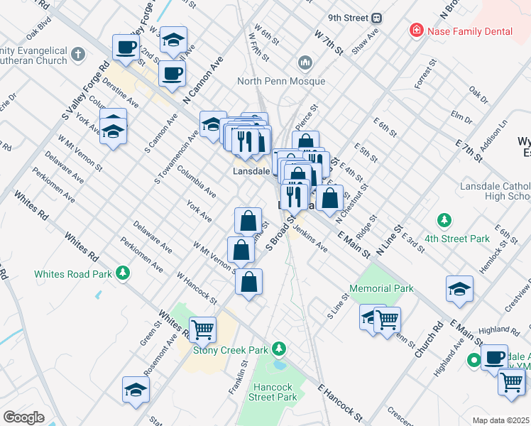map of restaurants, bars, coffee shops, grocery stores, and more near 61 Montgomery Avenue in Lansdale