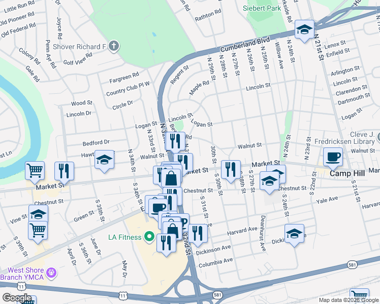 map of restaurants, bars, coffee shops, grocery stores, and more near 3040 Market Street in Camp Hill