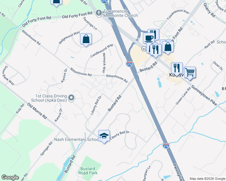 map of restaurants, bars, coffee shops, grocery stores, and more near 100 Sunset Way in Harleysville