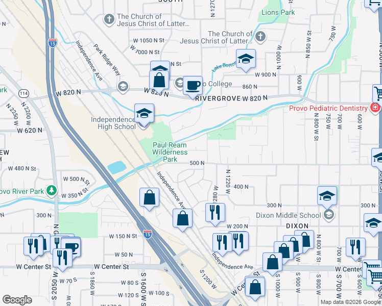 map of restaurants, bars, coffee shops, grocery stores, and more near 1387 West 570 North Street in Provo