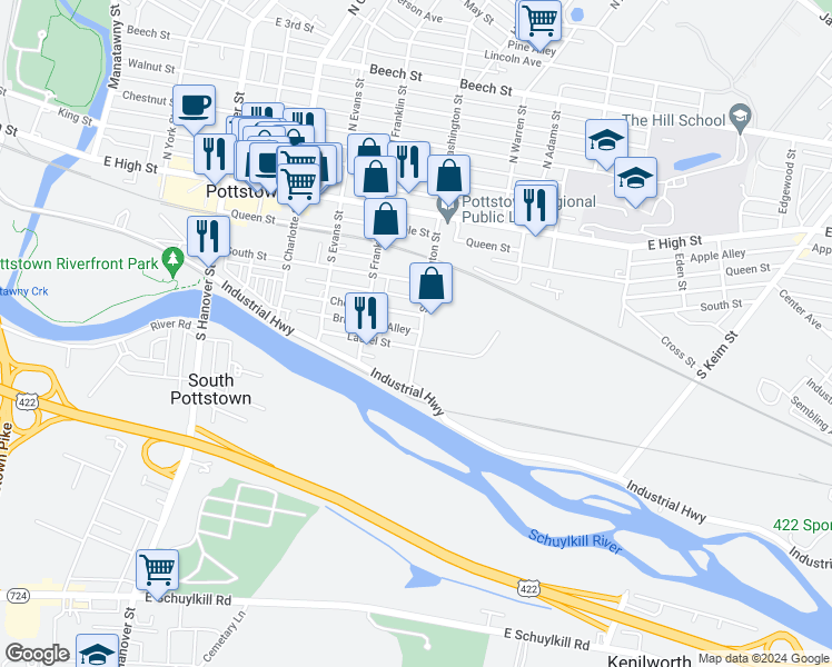 map of restaurants, bars, coffee shops, grocery stores, and more near 173 South Washington Street in Pottstown
