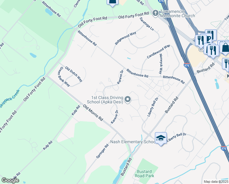 map of restaurants, bars, coffee shops, grocery stores, and more near 449 Oakmont Court in Harleysville