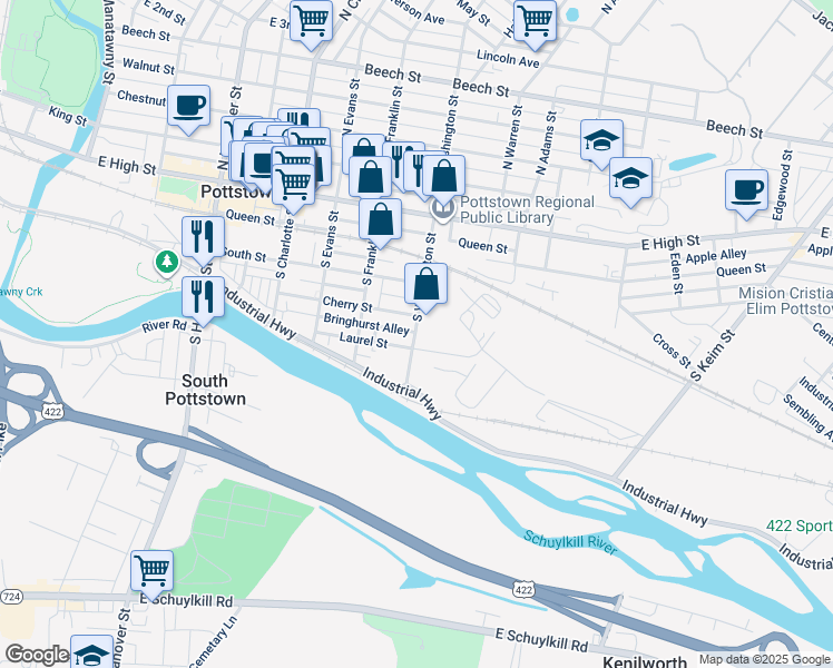 map of restaurants, bars, coffee shops, grocery stores, and more near 169 South Washington Street in Pottstown