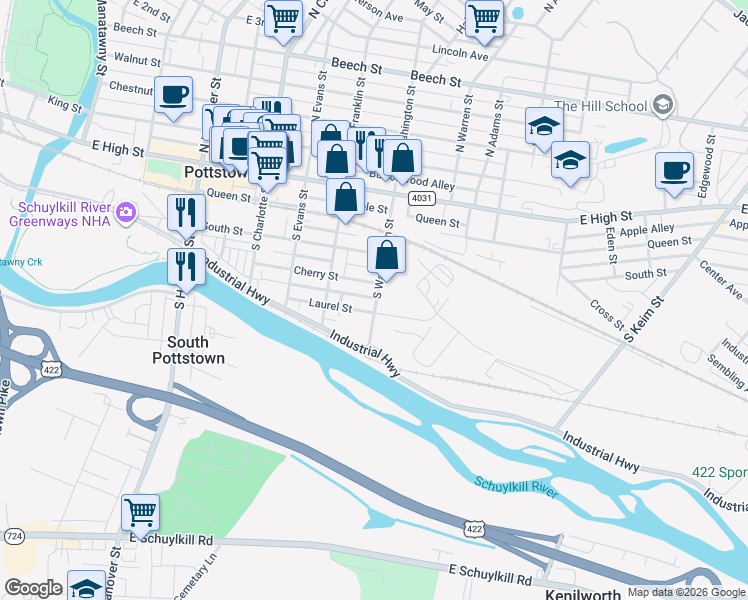 map of restaurants, bars, coffee shops, grocery stores, and more near 169 South Washington Street in Pottstown
