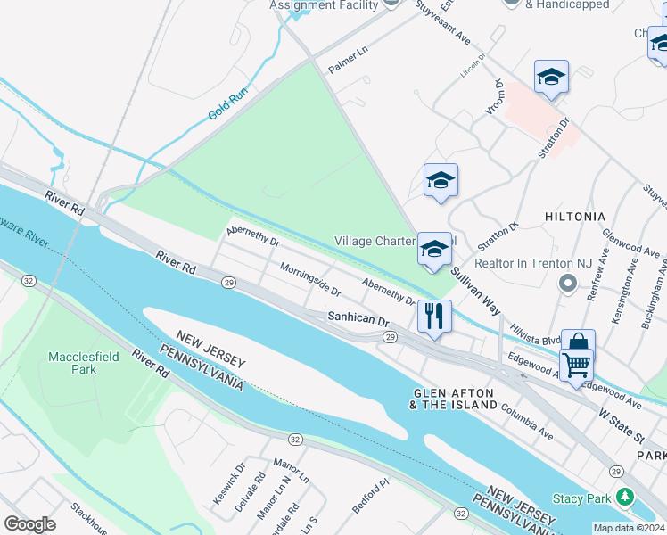 map of restaurants, bars, coffee shops, grocery stores, and more near 99 Abernethy Drive in Trenton