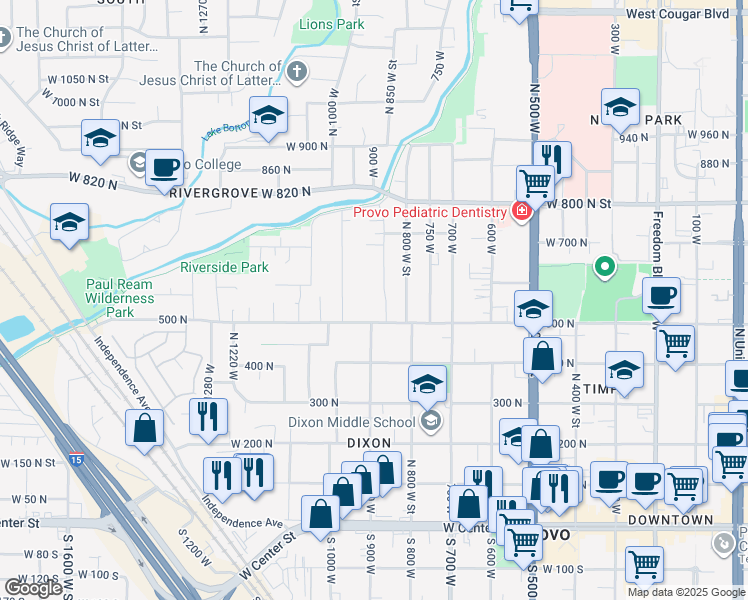 map of restaurants, bars, coffee shops, grocery stores, and more near 539 North 850 West in Provo