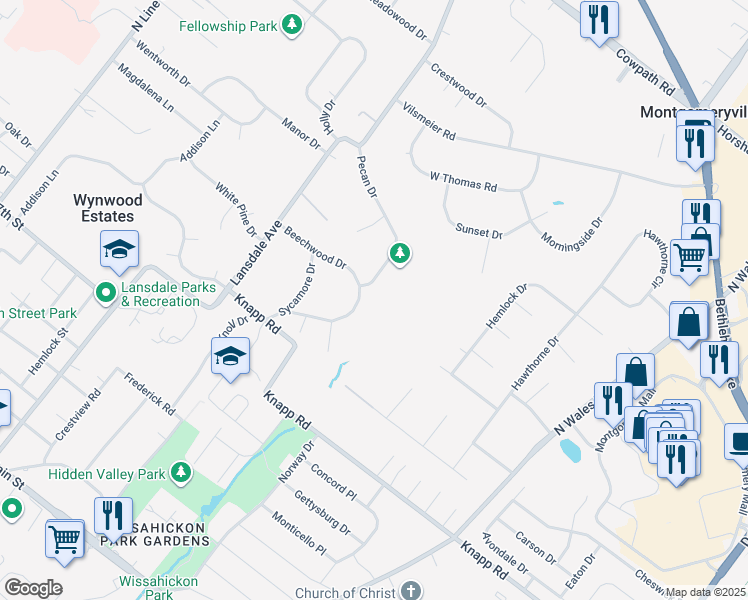 map of restaurants, bars, coffee shops, grocery stores, and more near 921 Beechwood Drive in Lansdale
