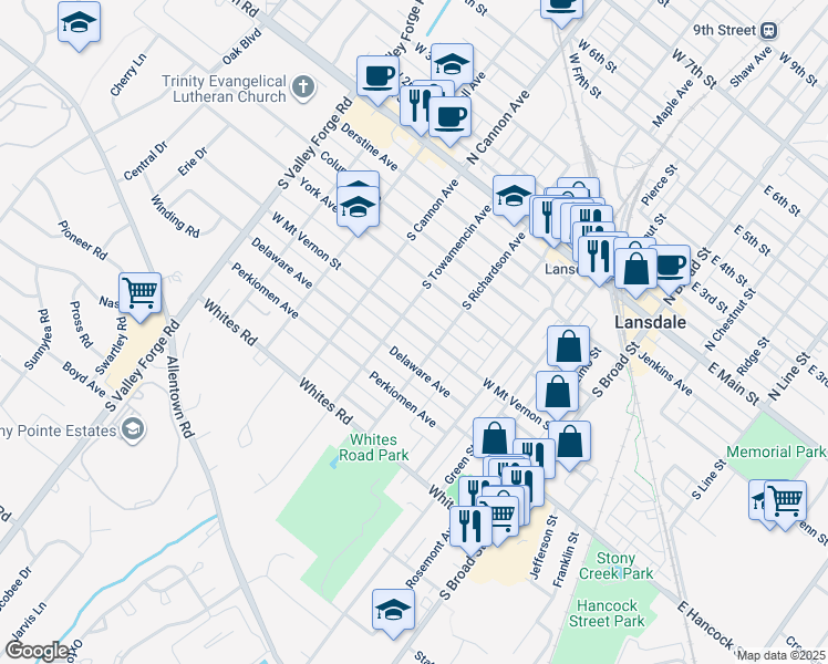 map of restaurants, bars, coffee shops, grocery stores, and more near 420 West Mount Vernon Street in Lansdale