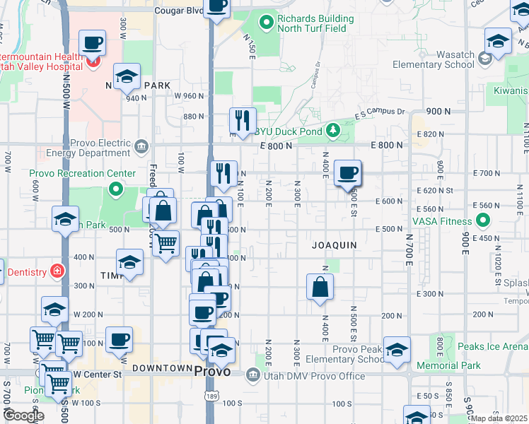 map of restaurants, bars, coffee shops, grocery stores, and more near 515 North 200 East in Provo