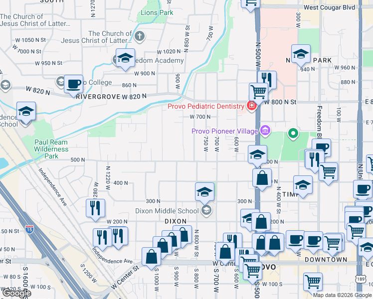map of restaurants, bars, coffee shops, grocery stores, and more near 832 500 North in Provo