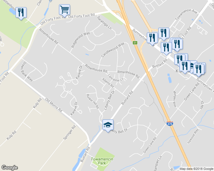 map of restaurants, bars, coffee shops, grocery stores, and more near 1001 Freedom Circle in Harleysville