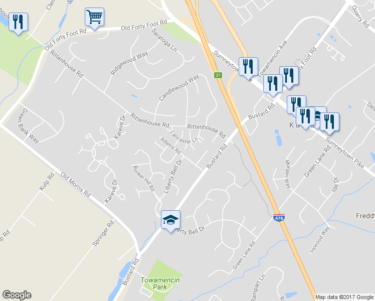 map of restaurants, bars, coffee shops, grocery stores, and more near 111 Richmond Court in Harleysville