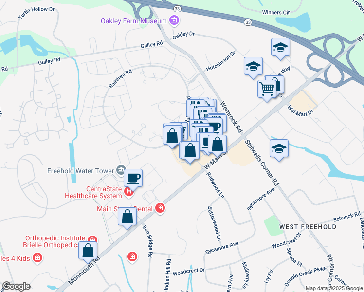 map of restaurants, bars, coffee shops, grocery stores, and more near 1-200 Village Center Drive in Freehold